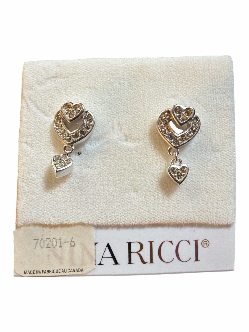 VTG Nina Ricci Rhodium Swarovski Crystal Double Heart Dangle Drop Earrings NWT